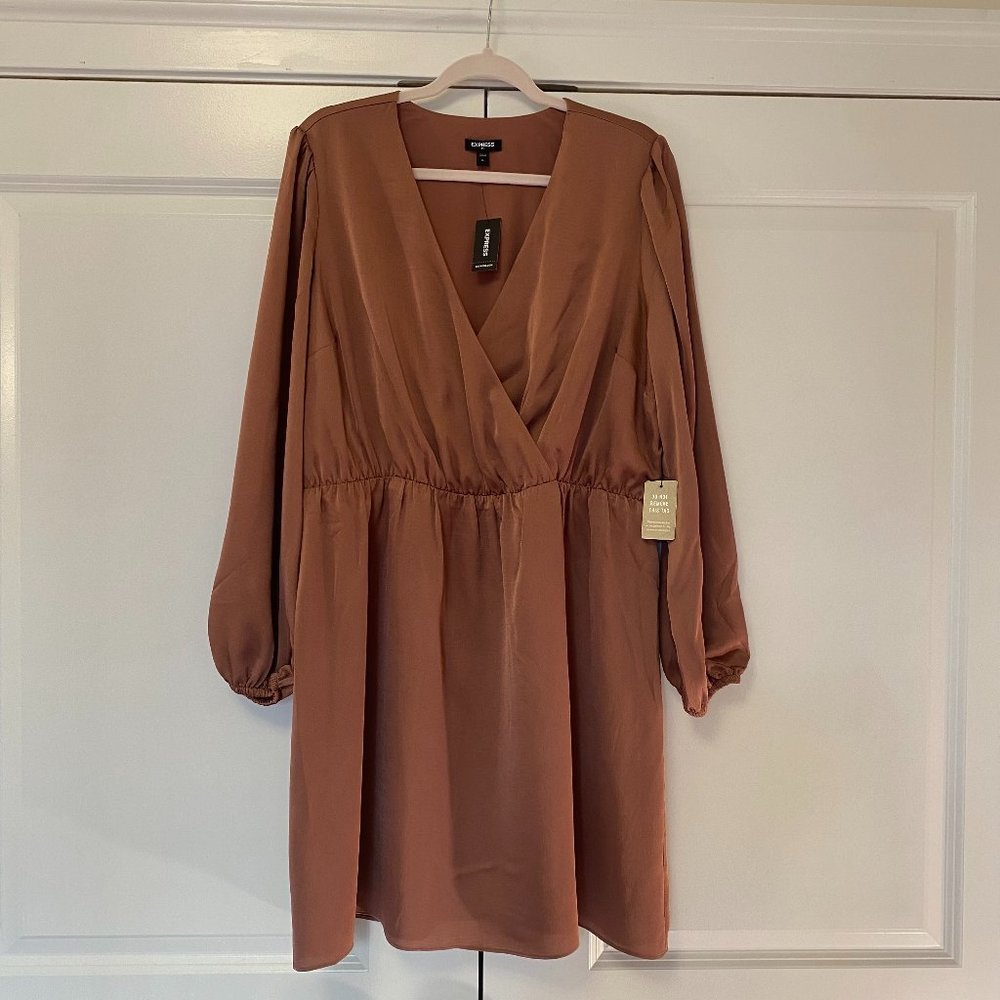Express Satin Long Sleeve Mini Dress, Size XL, in Rust Color